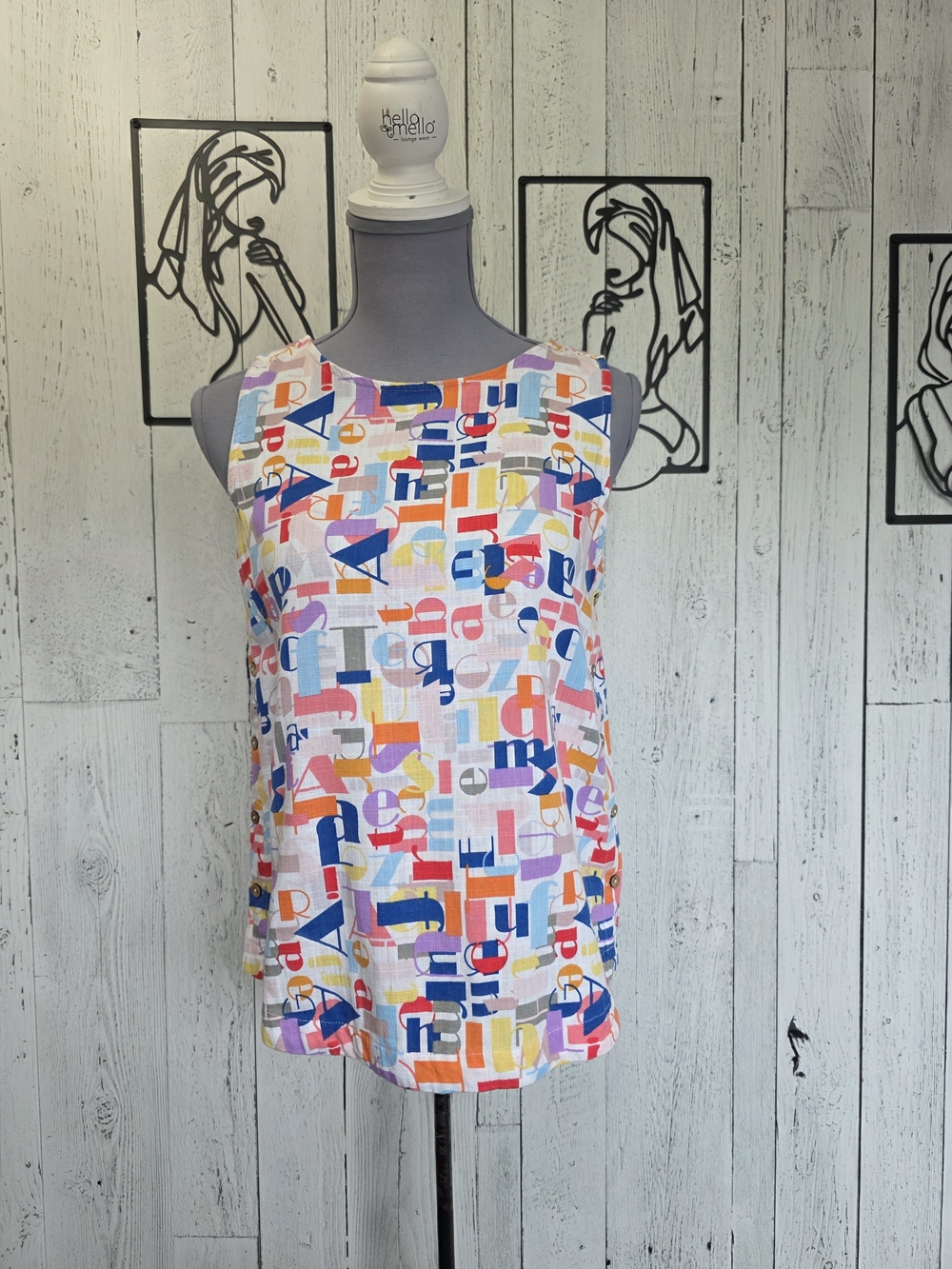 Charlie B Abstract Letter Print Linen Blend Tank Top Side Button Detail Size S